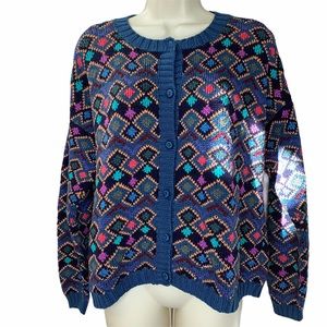 Pavo Real Women’s Blue Hand Knit Vintage cotton Cardigan colorful sweater